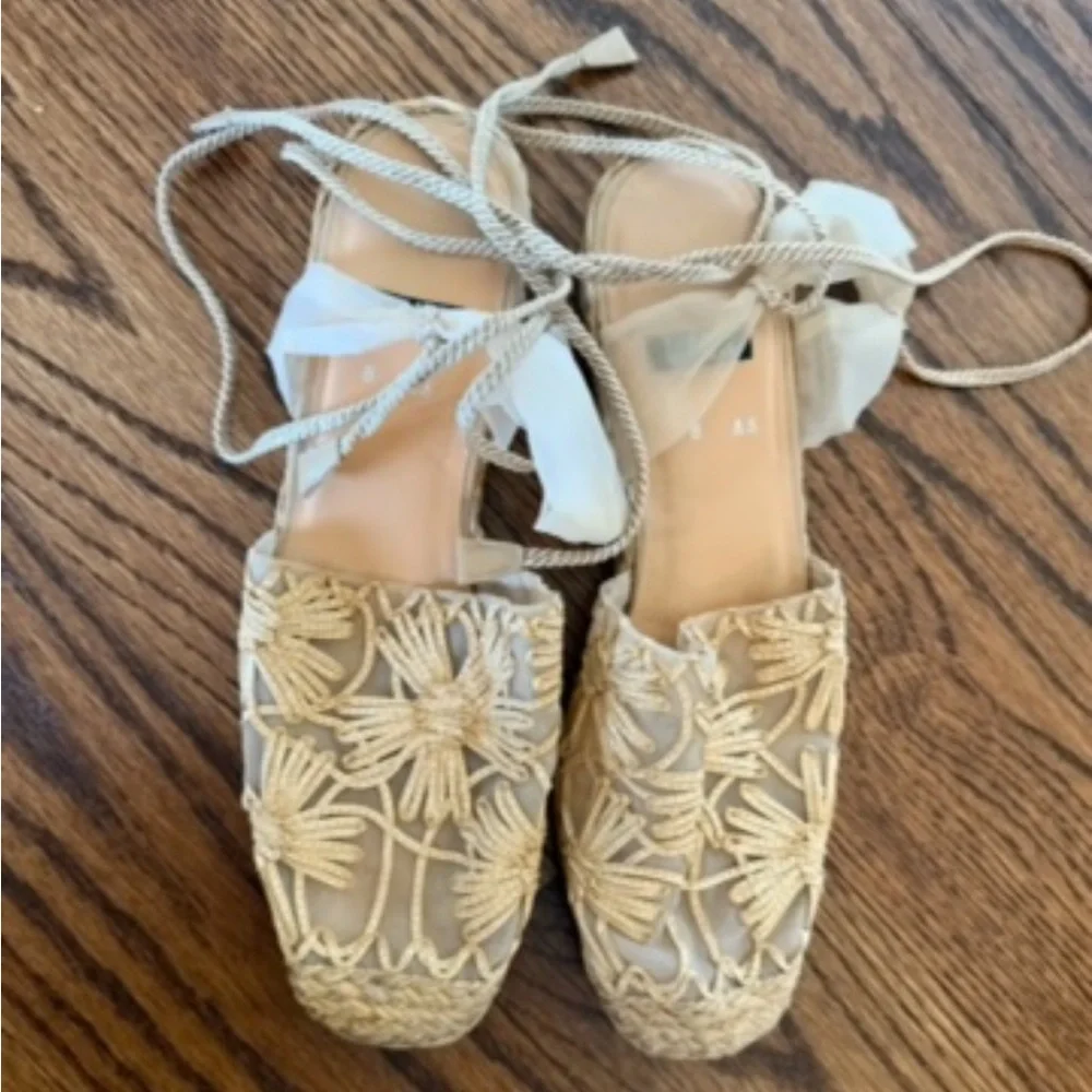 Stuart Weitzman Tan Woven Espadrille Ankle-Tie Sandals